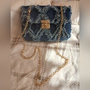 Frayed Denim Crossbody Bag with Gold Chain
